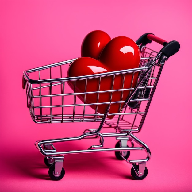 Carrinho de compras com coração vermelho em fundo rosa