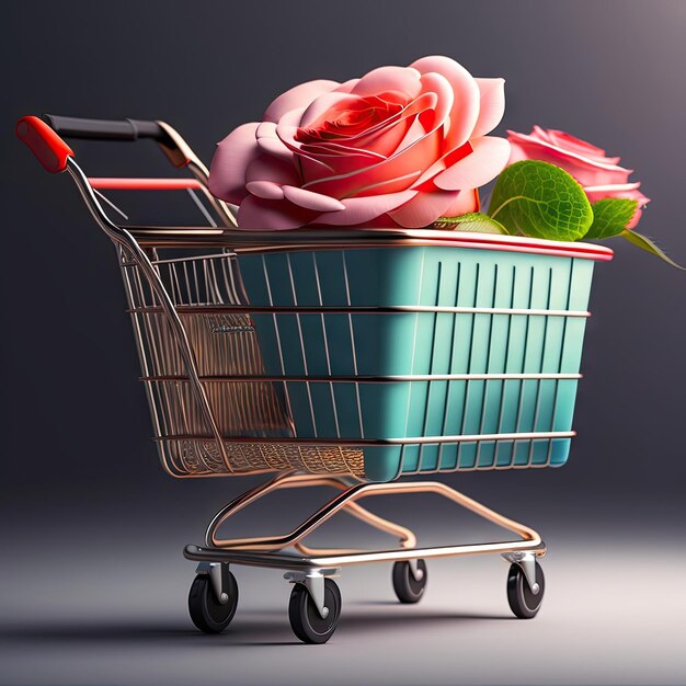 Carrinho de compras com flores rosas Conceito de compras Espaço para cópia