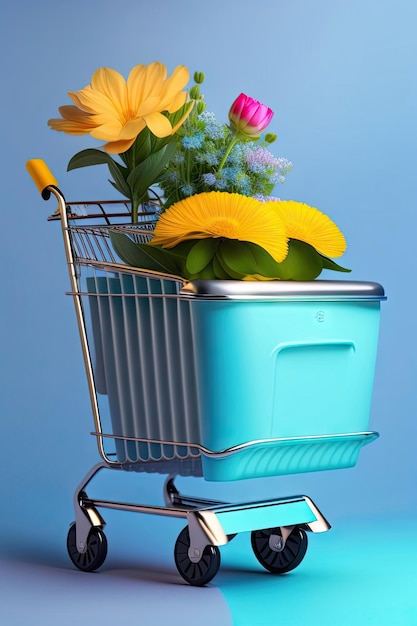 Carrinho de compras com máscara médica protetora de flores e luvas de borracha Conceito de compras Espaço para cópia