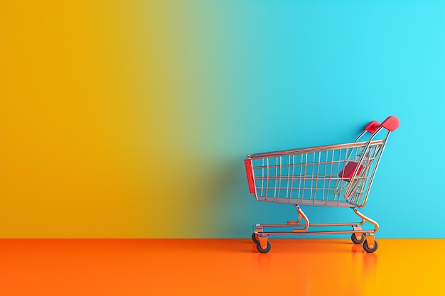 Foto carrinho de compras com o conceito de compras em estilo de ilustração 3d em um fundo colorido