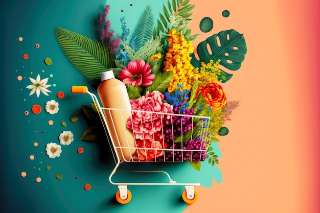 Carrinho de compras com produtos em fundo floral