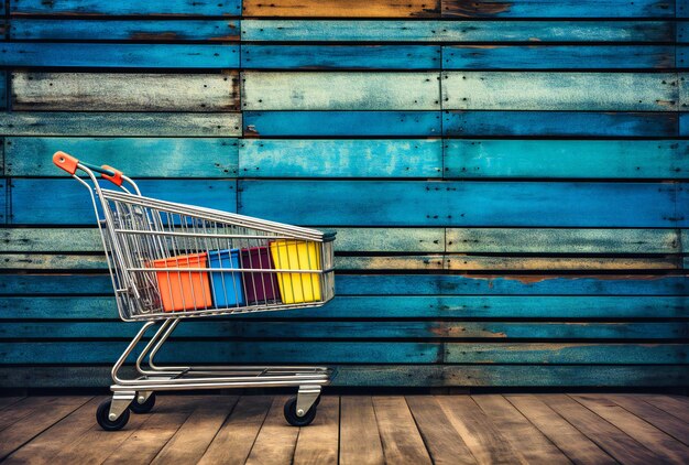 Carrinho de compras com sacolas coloridas sobre fundo azul de madeira