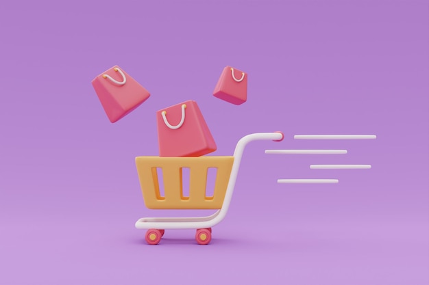 Foto carrinho de compras com sacos conceito de promoções de venda em flash em renderização 3d de fundo roxo