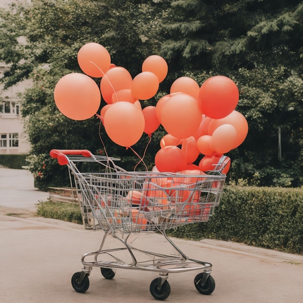 carrinho de compras com um monte de balões nele