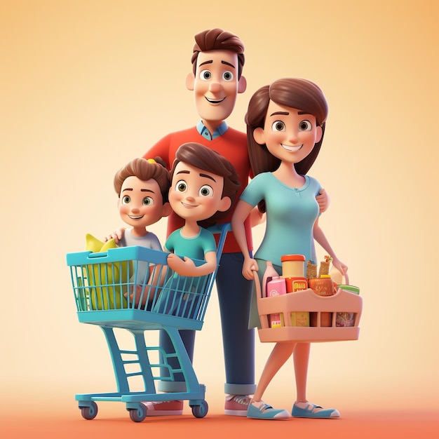 Carrinho de compras da família de desenhos animados 3D