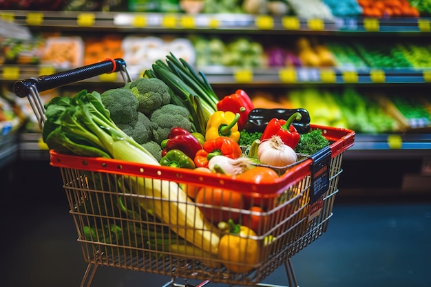 Carrinho de compras de legumes no supermercado