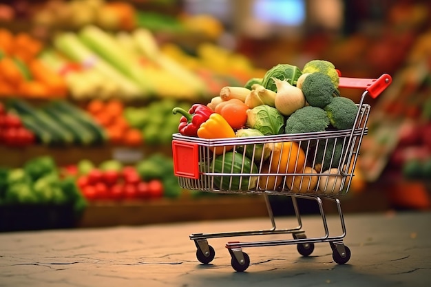Carrinho de compras de legumes no supermercado