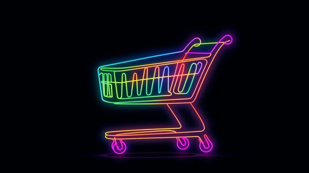 Foto carrinho de compras de néon em fundo preto generativo ai