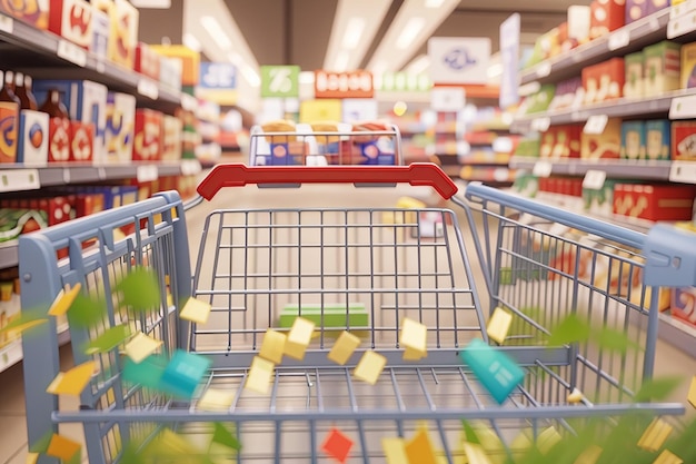 carrinho de compras desfocado abstrato no fundo da mercearia do supermercado