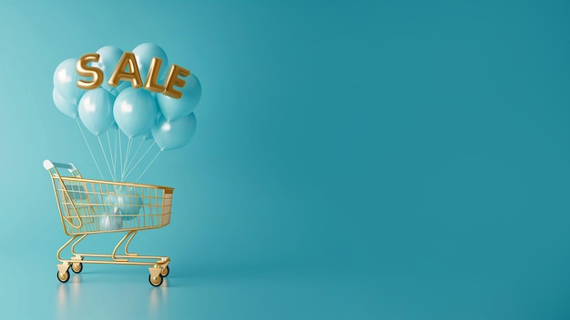 Carrinho de compras dourado com a palavra SALE feito de balões de hélio infláveis de ouro em fundo azul Venda Black Friday conceito de temporada de compras compras descontos shopaholic Marketing de promoção