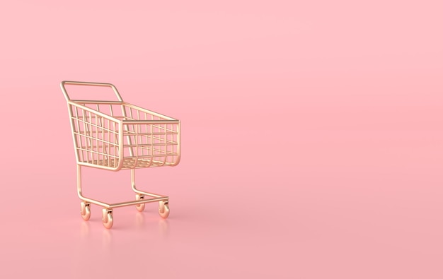 Carrinho de compras dourado na renderização 3d de fundo rosa