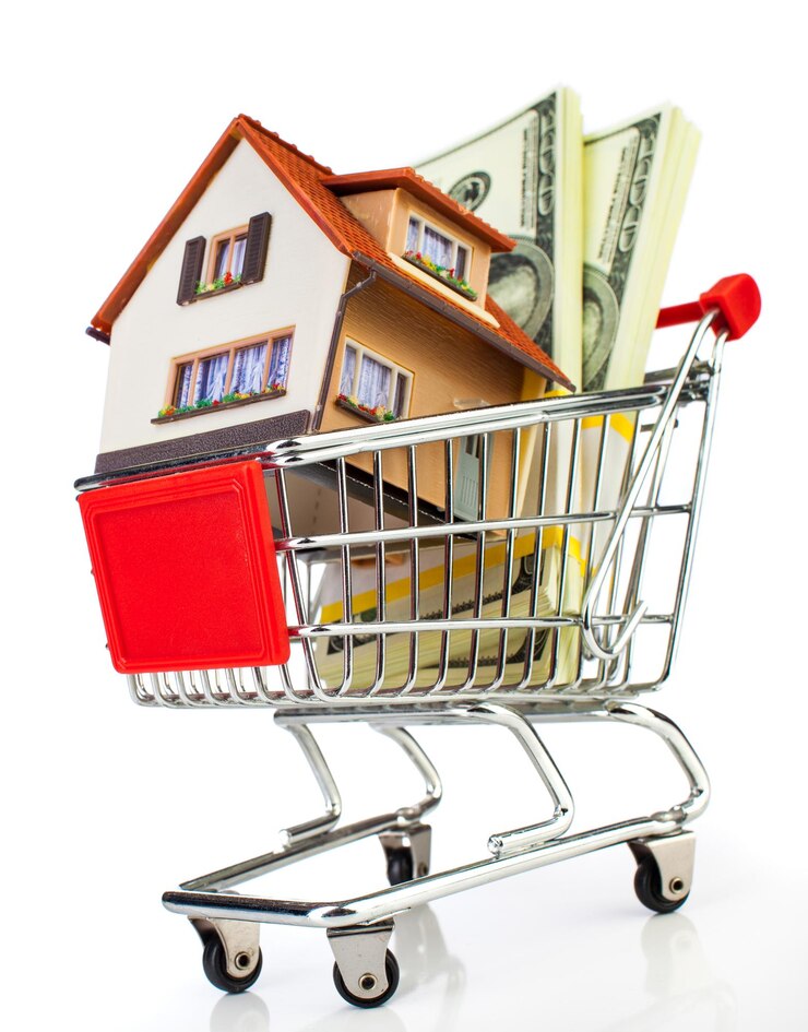 Foto carrinho de compras e casa em um fundo branco