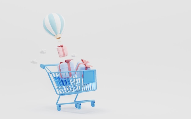 Carrinho de compras e renderização 3d do tema de compras de presentes
