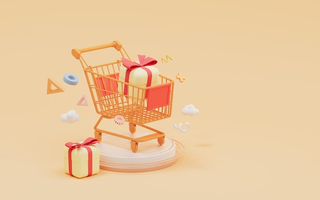 Carrinho de compras e renderização 3d do tema de compras de presentes