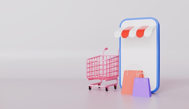 Carrinho de compras e sacos de compras com ilustração 3D de telemóvel