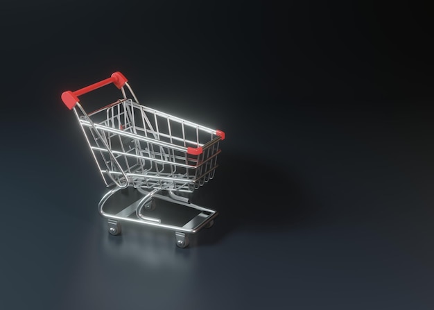 Carrinho de compras em um fundo preto carrinho de compras carrinho de compras 3D render ilustração