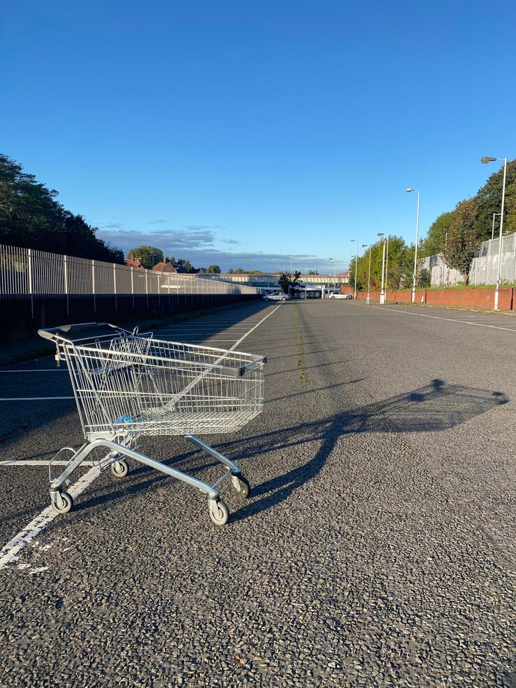 Foto carrinho de compras no estacionamento contra o céu azul