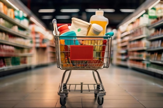 Foto carrinho de compras pronto para fazer compras no supermercado da loja de departamentos