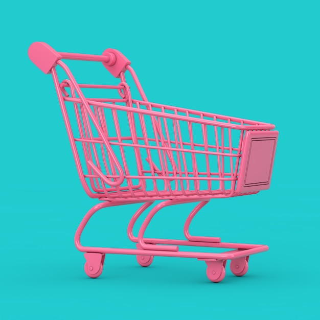 Carrinho de compras rosa Mock Up Duotone sobre um fundo azul. Renderização 3D