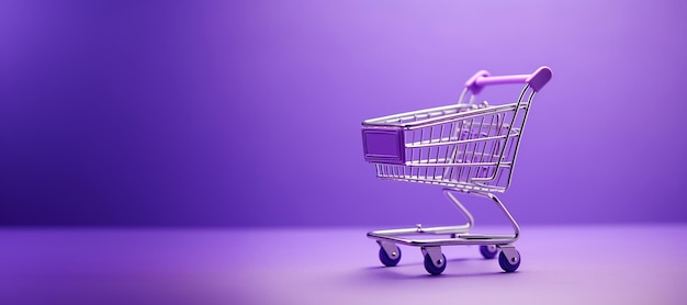 Carrinho de compras roxo AI generativo na loja minimalista de fundo roxo online