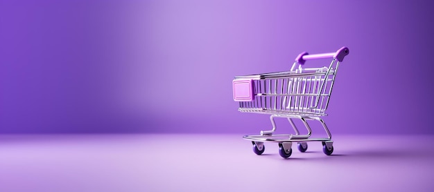 Carrinho de compras roxo AI generativo na loja minimalista de fundo roxo online