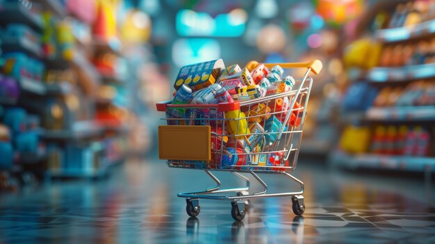 Foto carrinho de compras transbordando em corredor de supermercado vibrante simbolizando abundância e consumeris