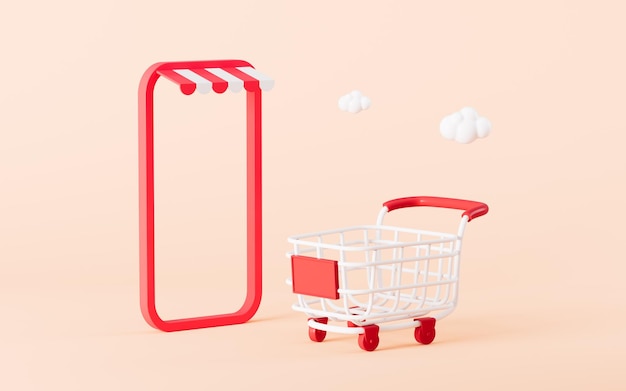 Carrinho de compras vazio e telefone celular no conceito de compras on-line de fundo amarelo renderização em 3d