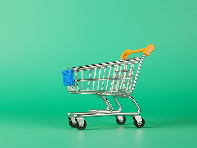 Carrinho de compras vazio em fundo verde brilhante nenhum item no carrinho de compras clique para fazer compras agora conceito