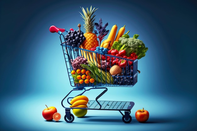 Carrinho de compras vazio no supermercado com frutas e legumes no fundo azul
