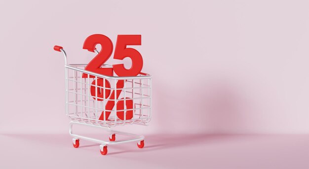 Foto carrinho de compras vermelho com 25% de desconto em fundo rosa