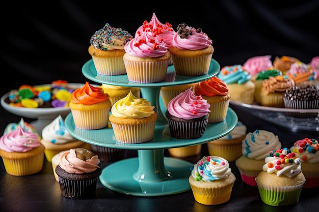 Carrinho de cupcake com variedade colorida de cupcakes criados com IA generativa