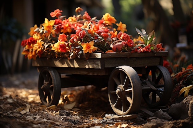 Carrinho de madeira com flores vermelhas e amarelas no jardim outono