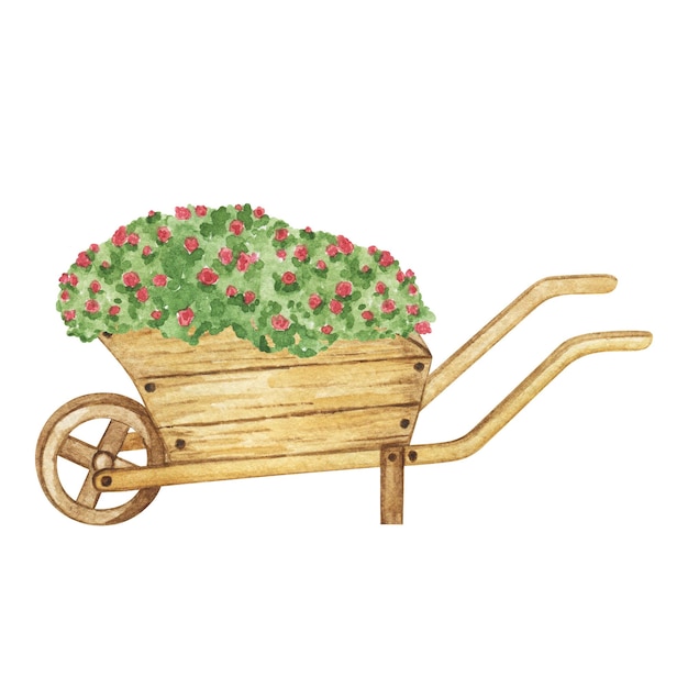 Carrinho de mão aquarela de ilustração de carrinho de jardim com clipart de flores