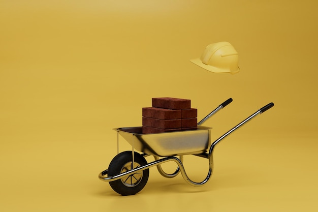 Carrinho de mão de construção com tijolos e um capacete de segurança em um fundo amarelo 3d render