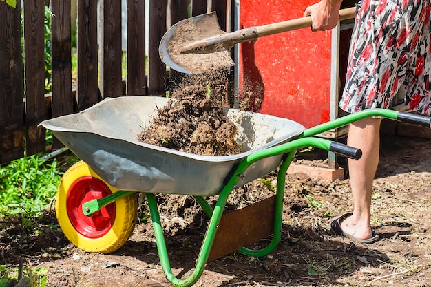 Carrinho de mão de jardim com fazenda de terra