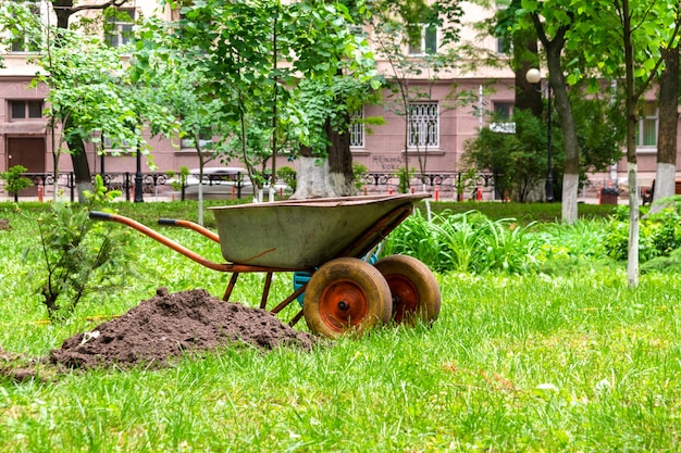 Carrinho de mão de jardim para transporte de solo em área suburbana. Vista no jardim na grama.