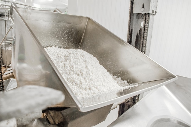 Foto carrinho de mão manual para coletar queijo da máquina de queijo na fábrica de laticínios