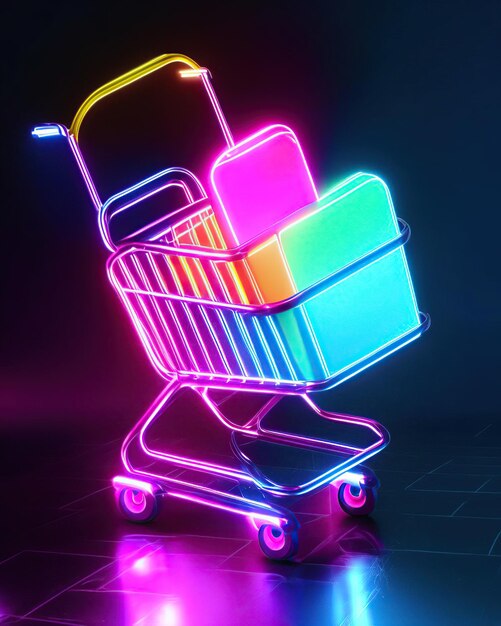 Foto carrinho de mercado com compras neon cyber segunda-feira