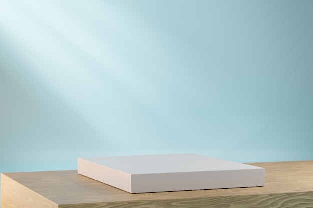 Carrinho de produtos de exibição cosmética, pódio de bloco branco na mesa de madeira e fundo de luz solar. ilustração de renderização 3d
