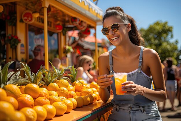 Foto carrinho de suco de laranja em festival vibrante ia geradora