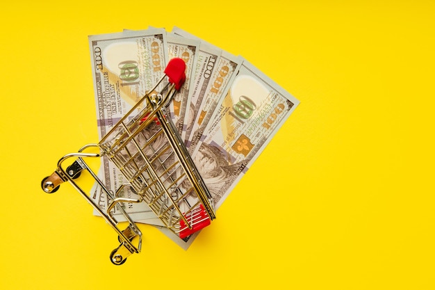 Carrinho de supermercado de brinquedo ou carrinho de compras com dinheiro isolado em fundo amarelo