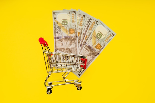Carrinho de supermercado de brinquedo ou carrinho de compras com dinheiro isolado em fundo amarelo