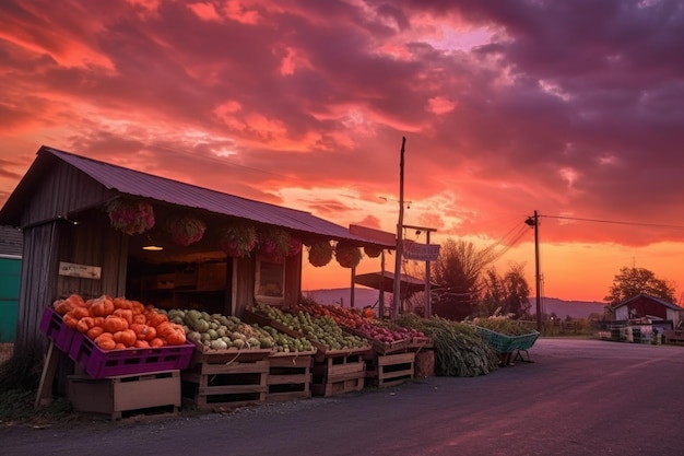 Carrinho de vegetais durante o pôr do sol com tons de laranja e roxo no céu criado com ai generativa