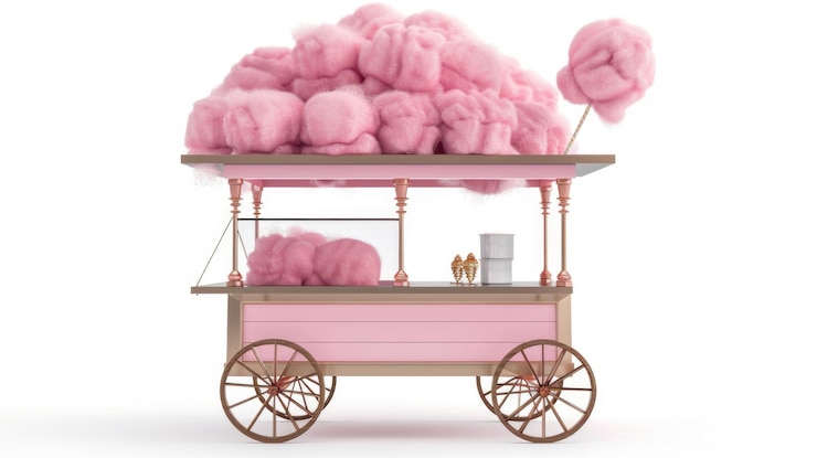 Foto un carrito colorido lleno de dulces de algodón esponjoso