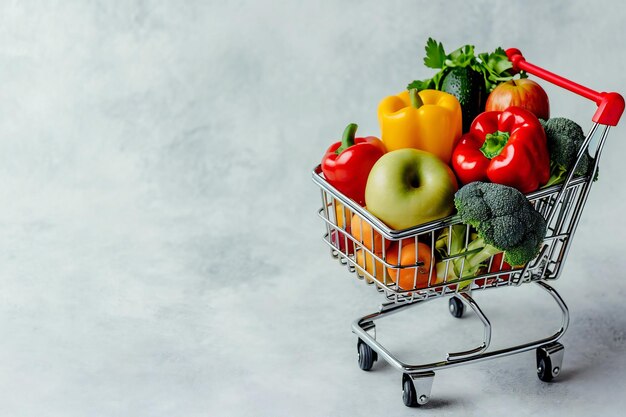 Foto el carrito de comestibles lleno de compras en un fondo claro copia el espacio de fondo de la pancarta