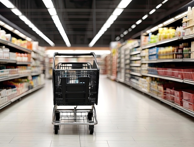 Carrito de comida vacío negro en el supermercado entre los estantes con comestibles