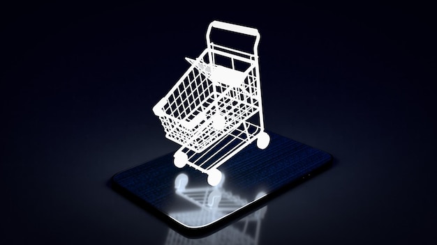 El carrito de la compra brilla con luz en la tableta para la representación 3d de negocios de comercio electrónico