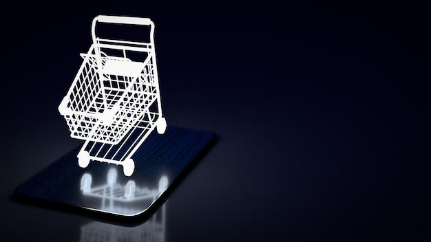 El carrito de la compra brilla con luz en la tableta para la representación 3d de negocios de comercio electrónico
