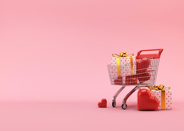 Carrito de la compra con cajas de regalos y corazones en fondo rosa con espacio libre para el texto