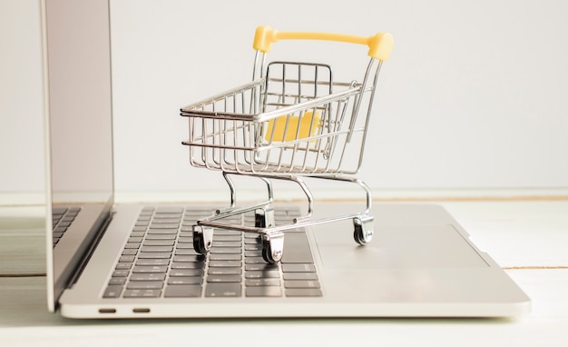 Carrito de la compra pequeño de pie en el portátil